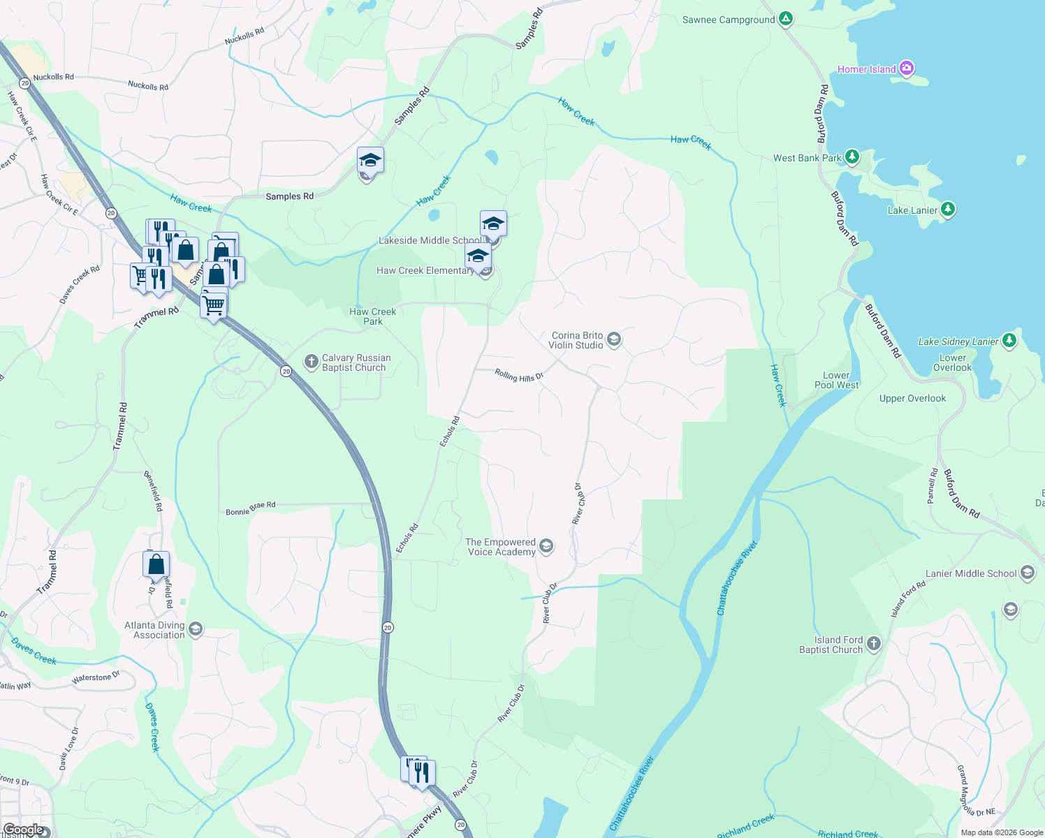 map of restaurants, bars, coffee shops, grocery stores, and more near 2880 Cambria Ct in Cumming