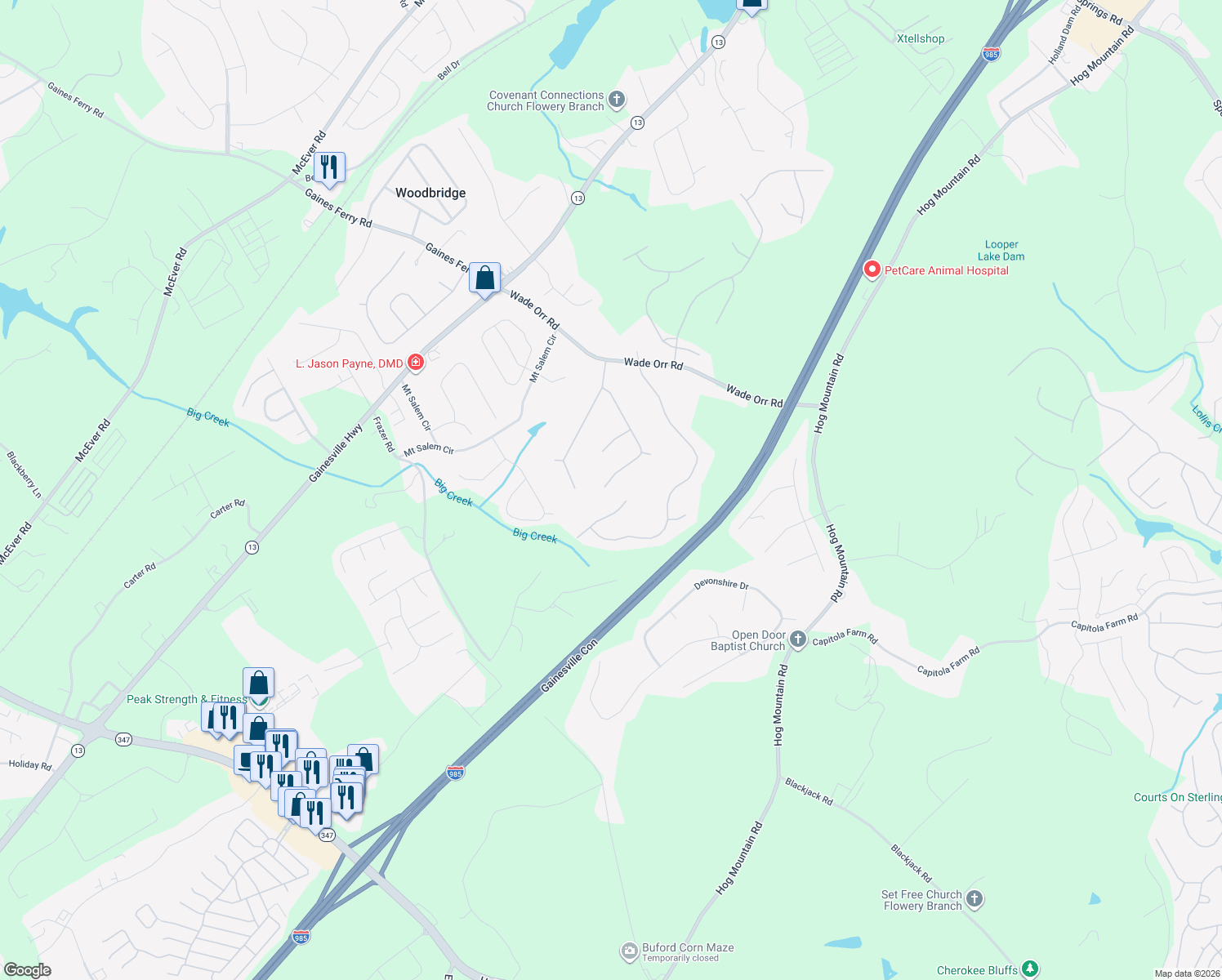 map of restaurants, bars, coffee shops, grocery stores, and more near 6375 Marble Head Dr in Flowery Branch