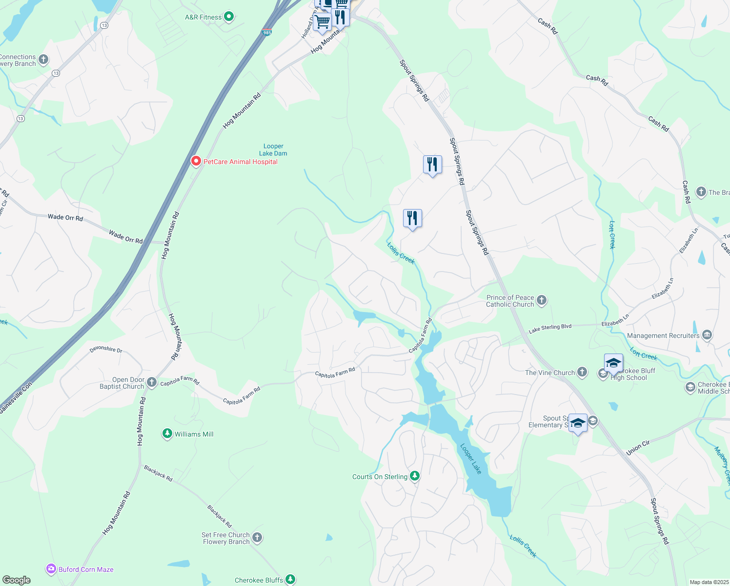 map of restaurants, bars, coffee shops, grocery stores, and more near 6714 Bonfire Drive in Flowery Branch