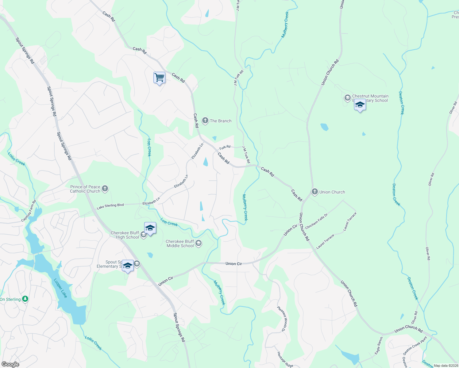 map of restaurants, bars, coffee shops, grocery stores, and more near 5186 Sagewood Drive in Flowery Branch