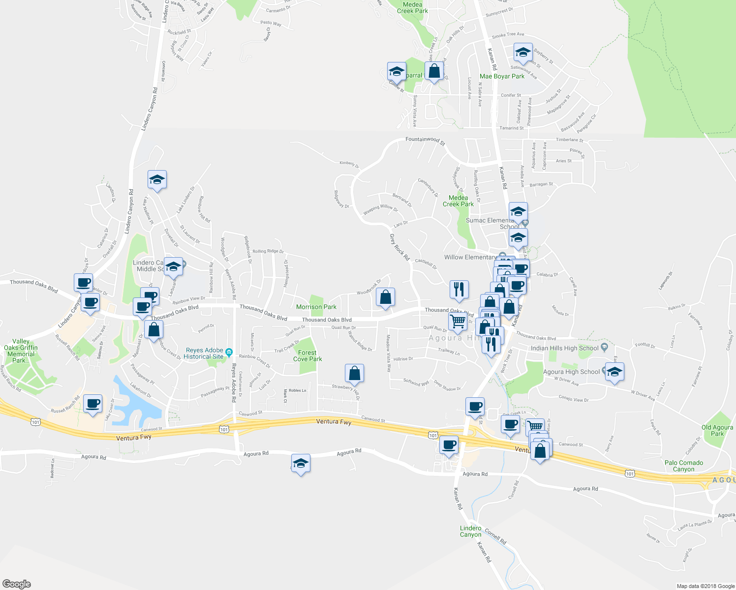 map of restaurants, bars, coffee shops, grocery stores, and more near 29608 Woodbrook Drive in Agoura Hills