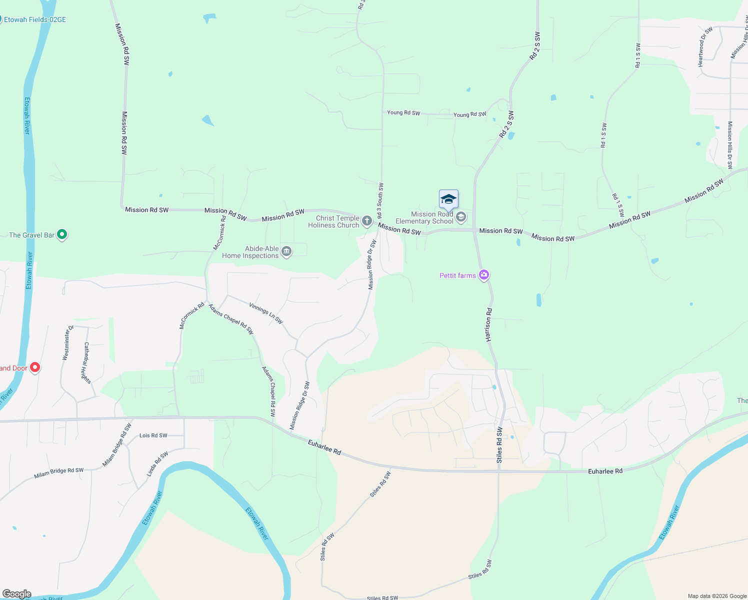 map of restaurants, bars, coffee shops, grocery stores, and more near 25 Mission Ridge Drive Southwest in Cartersville