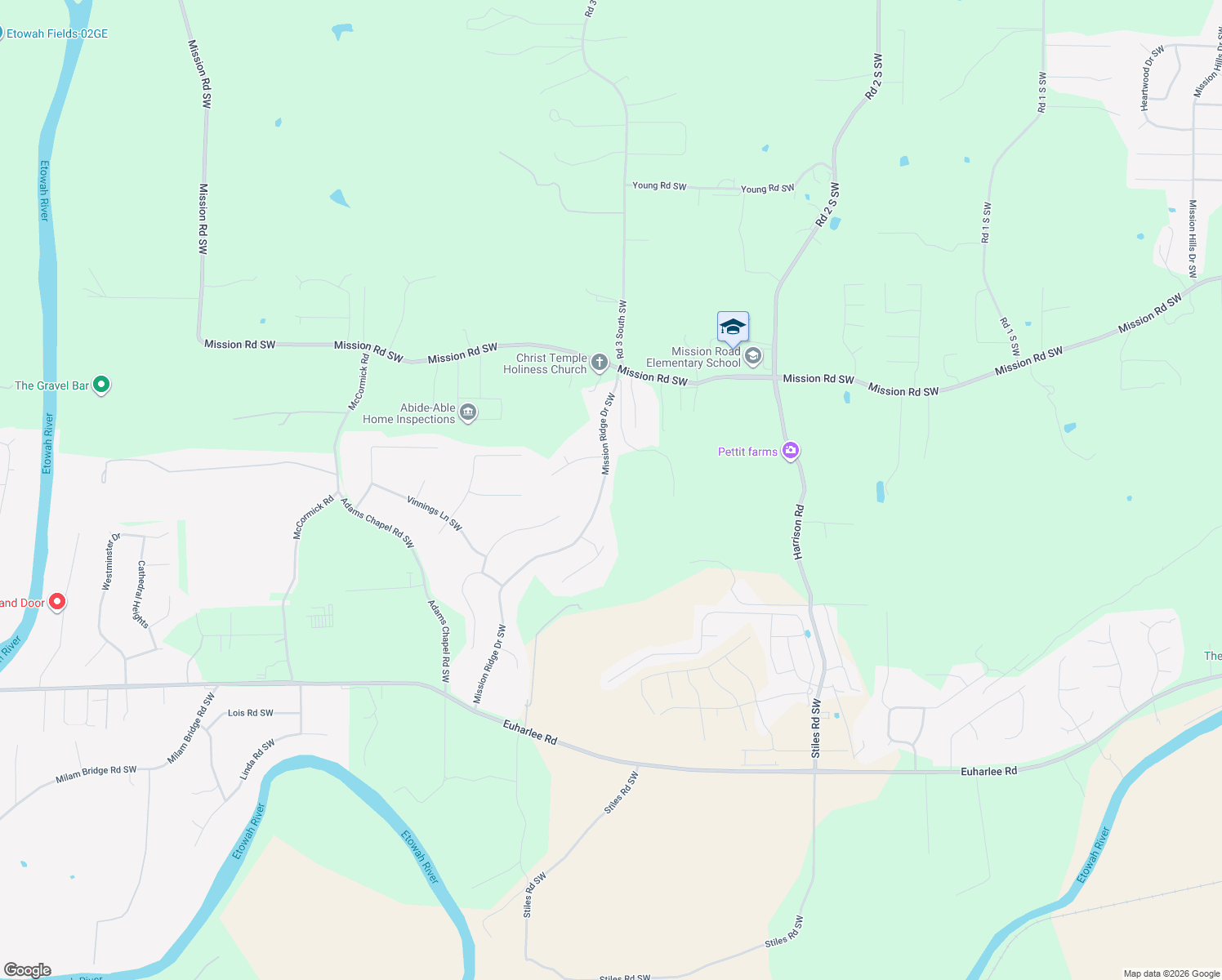 map of restaurants, bars, coffee shops, grocery stores, and more near 25 Mission Ridge Drive Southwest in Cartersville