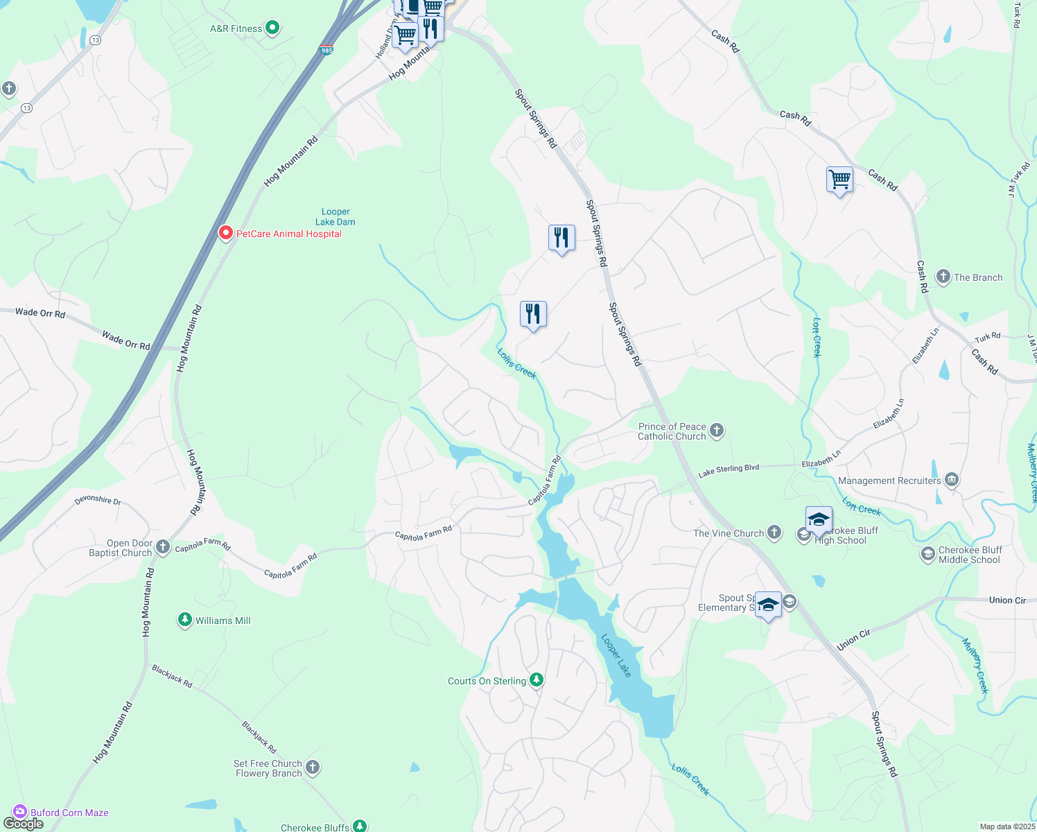 map of restaurants, bars, coffee shops, grocery stores, and more near 6640 Trail Side Drive in Flowery Branch