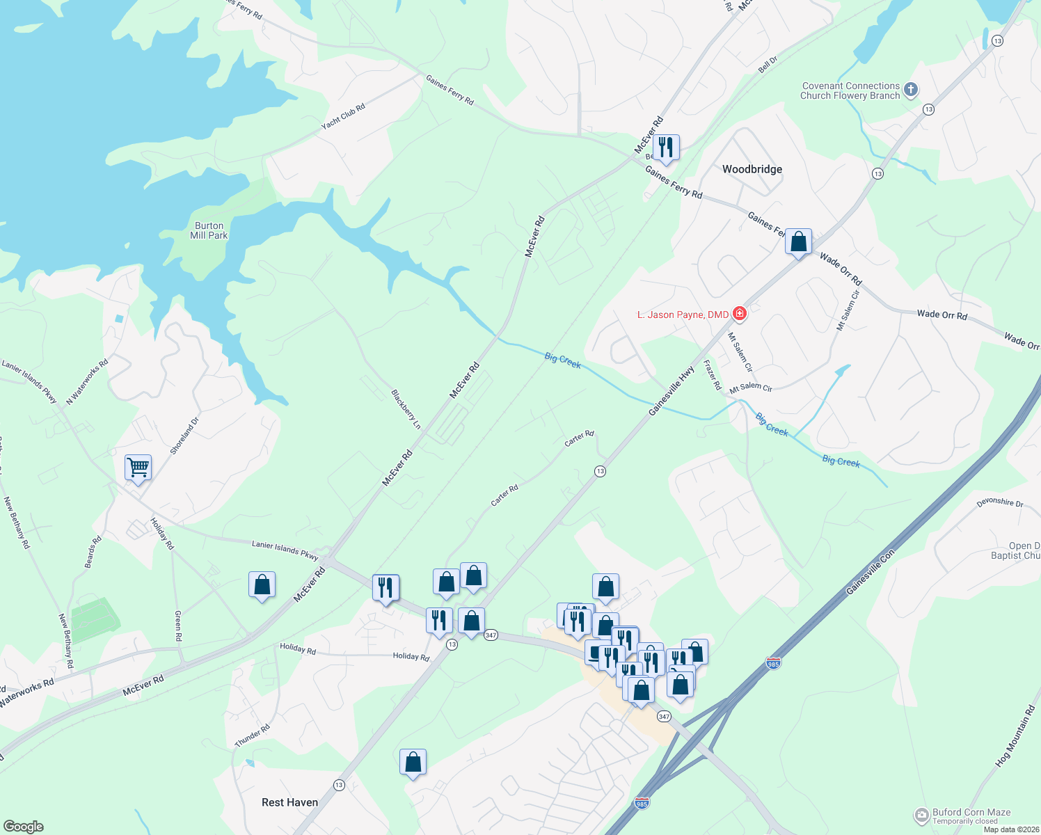 map of restaurants, bars, coffee shops, grocery stores, and more near 3828 Mabry Ridge Drive in Buford