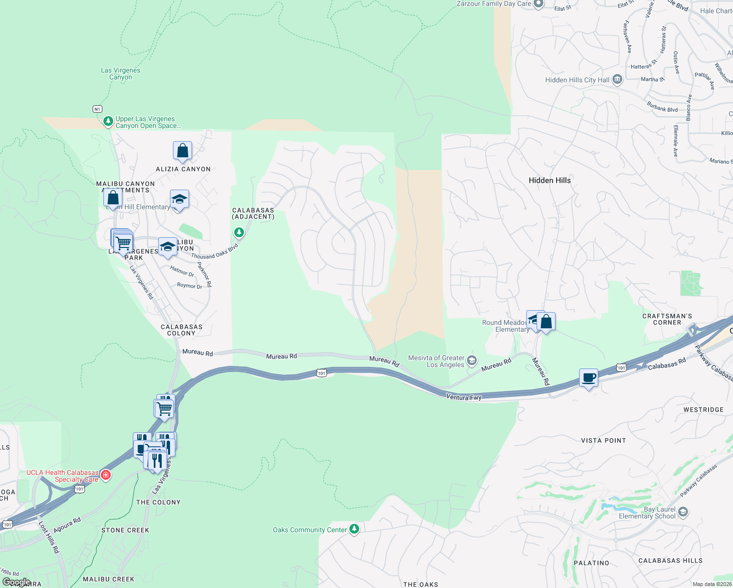map of restaurants, bars, coffee shops, grocery stores, and more near 5248 Newcastle Lane in Calabasas