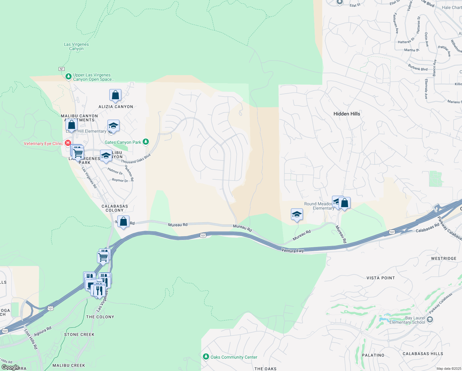 map of restaurants, bars, coffee shops, grocery stores, and more near 5248 Newcastle Lane in Calabasas