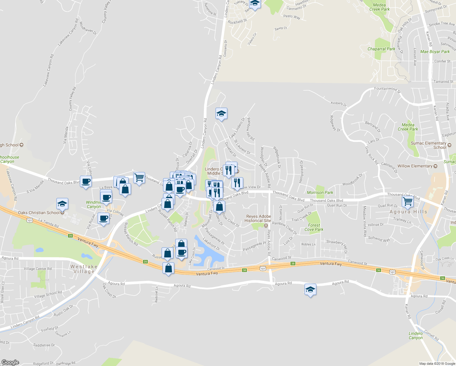 map of restaurants, bars, coffee shops, grocery stores, and more near 5815 Larboard Lane in Agoura Hills