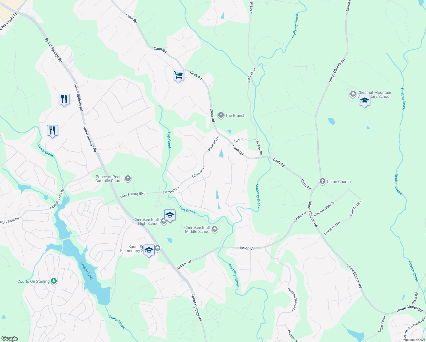 map of restaurants, bars, coffee shops, grocery stores, and more near 5222 Amherst Way in Flowery Branch