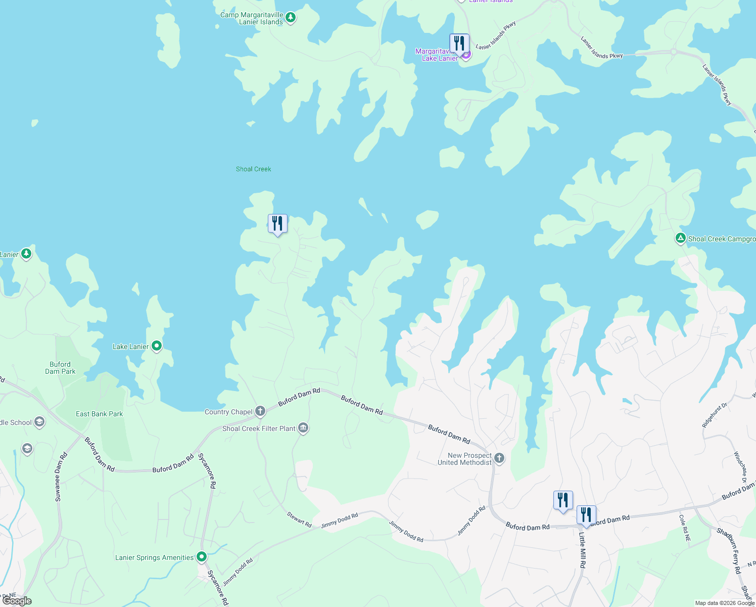 map of restaurants, bars, coffee shops, grocery stores, and more near 6441 Old Shadburn Ferry Road in Buford