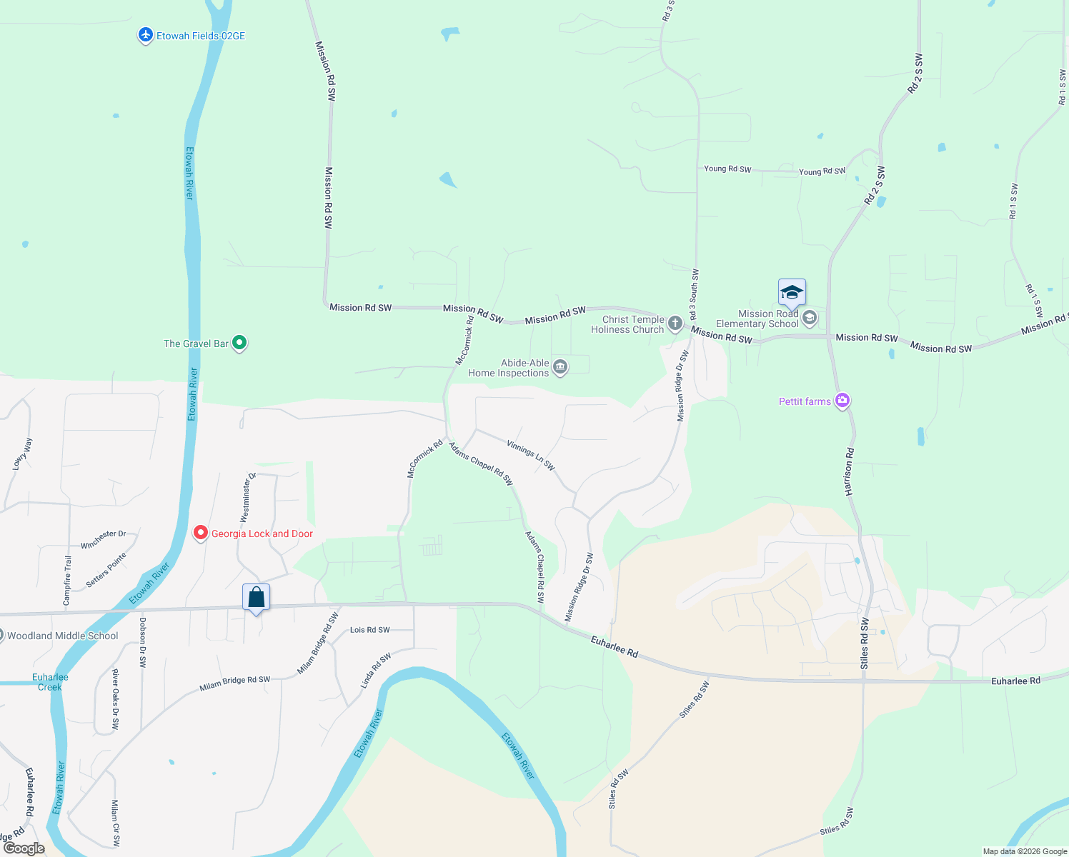 map of restaurants, bars, coffee shops, grocery stores, and more near 16 Windcliff Ct SW in Cartersville