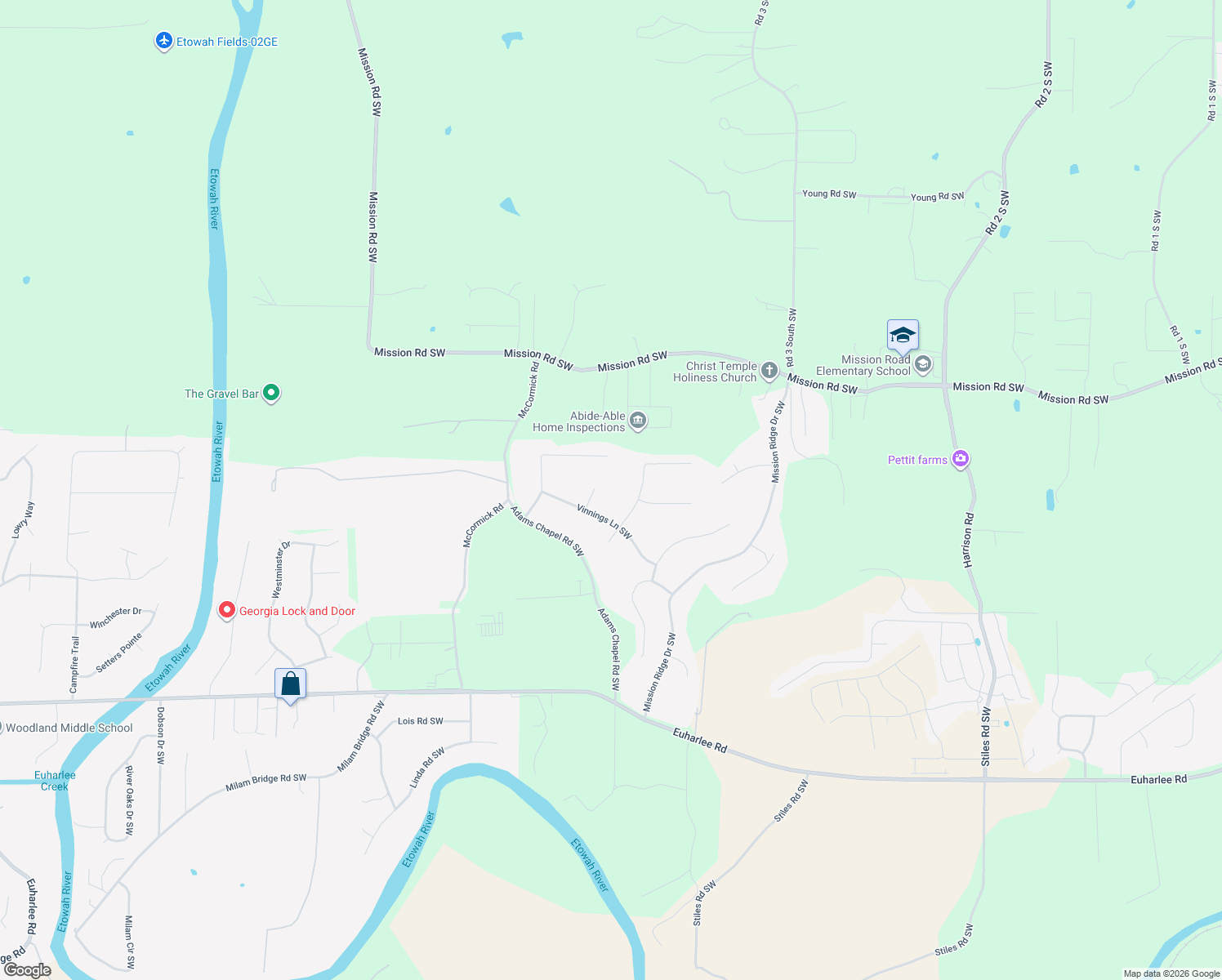 map of restaurants, bars, coffee shops, grocery stores, and more near 16 Windcliff Court Southwest in Cartersville