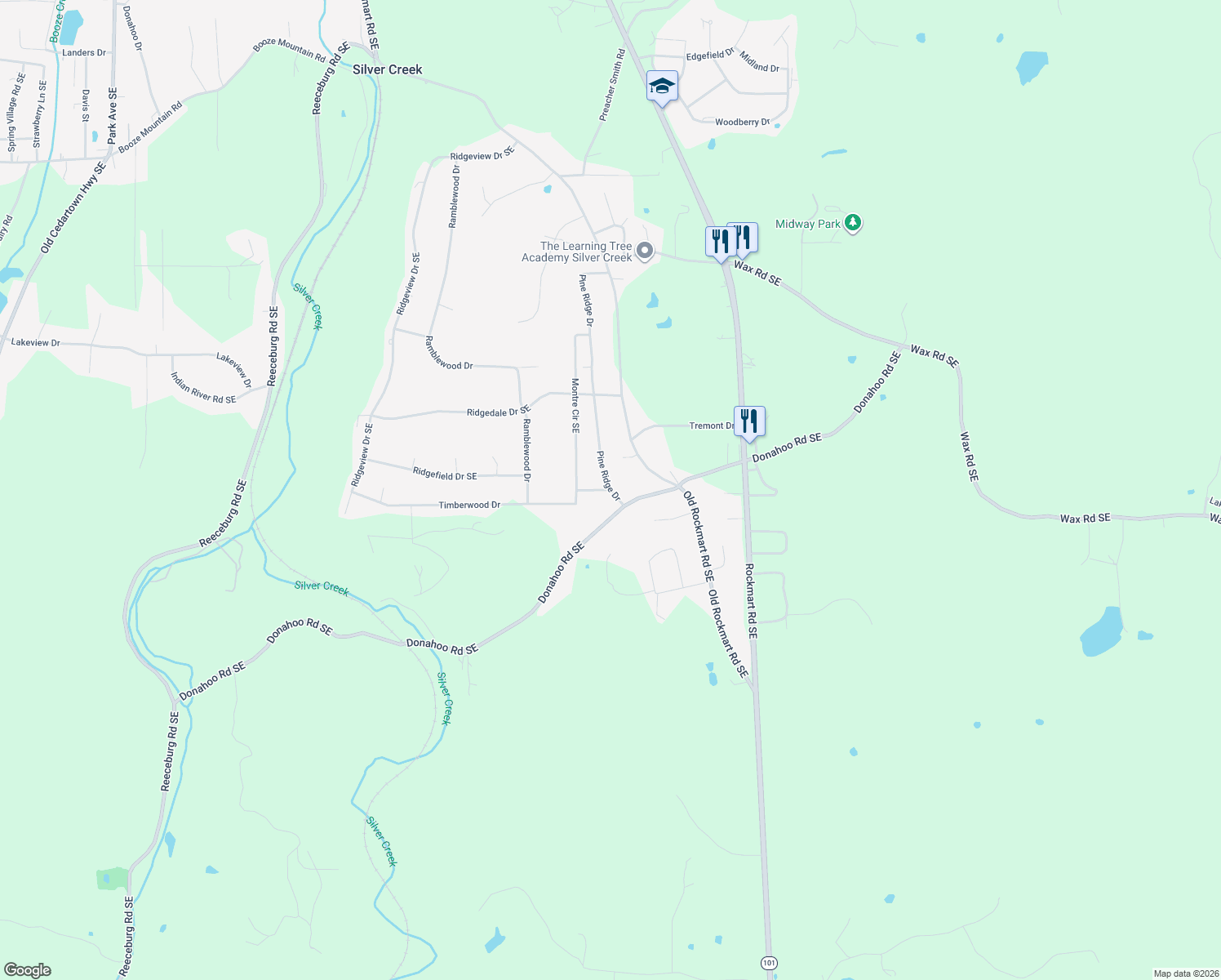 map of restaurants, bars, coffee shops, grocery stores, and more near 64 Pine Ridge Drive in Silver Creek