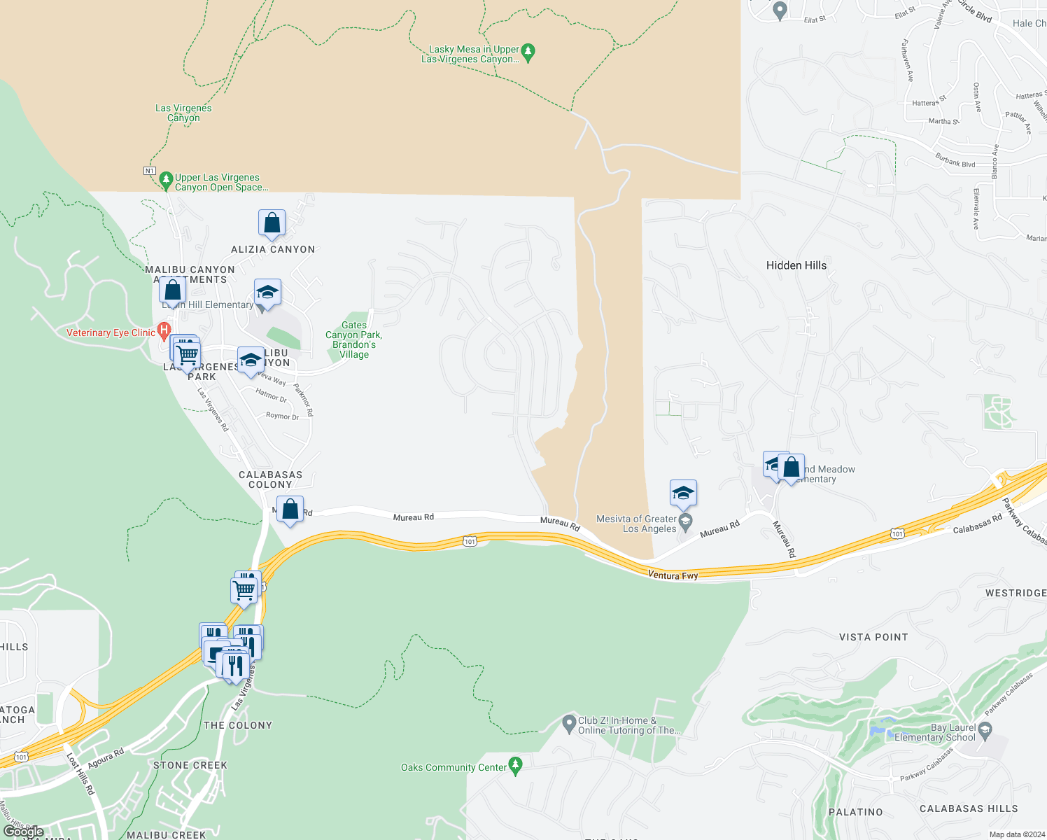 map of restaurants, bars, coffee shops, grocery stores, and more near 5267 Newcastle Lane in Calabasas