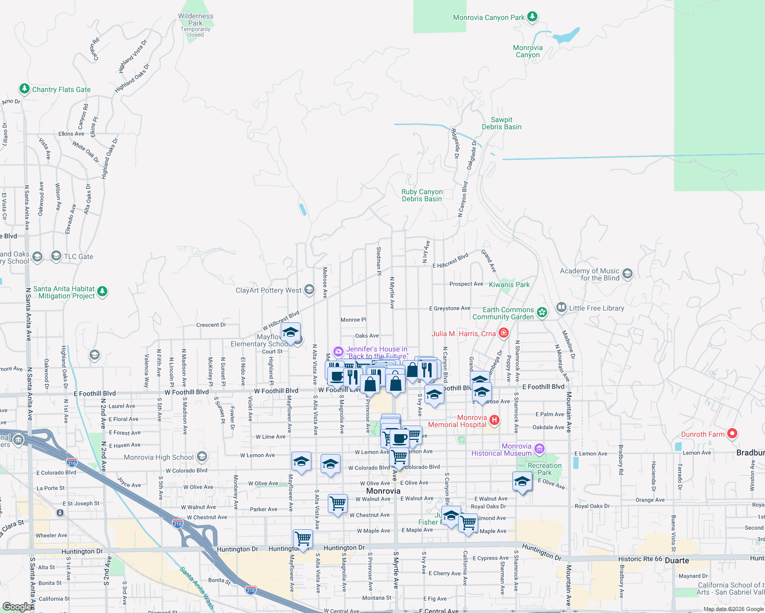 map of restaurants, bars, coffee shops, grocery stores, and more near 264 Stedman Place in Monrovia