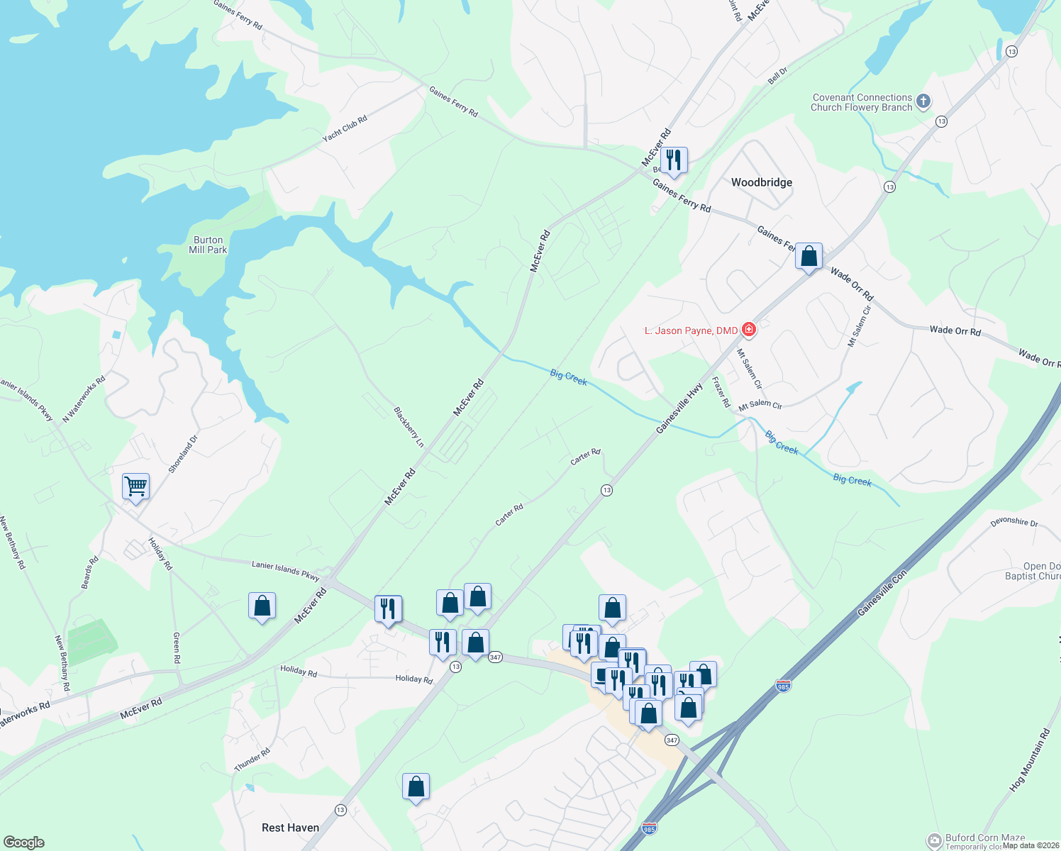 map of restaurants, bars, coffee shops, grocery stores, and more near 3828 Mabry Ridge Drive in Buford