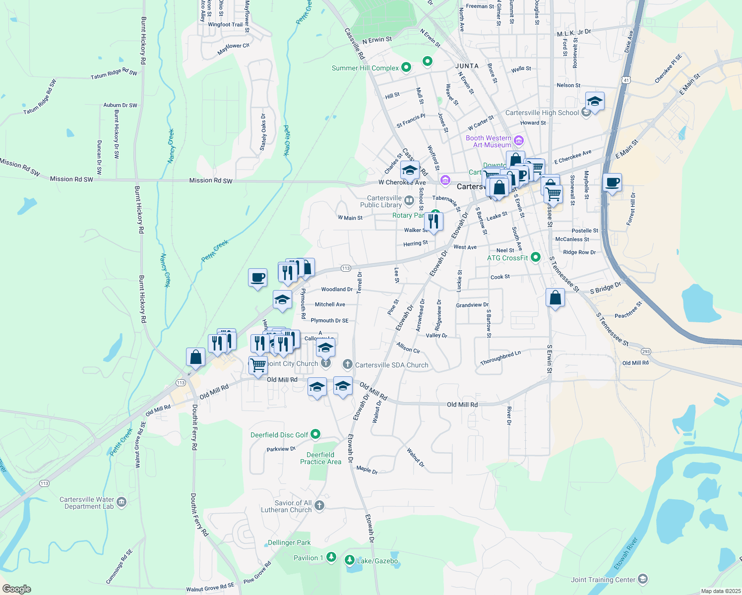 map of restaurants, bars, coffee shops, grocery stores, and more near 10 Woodland Drive in Cartersville