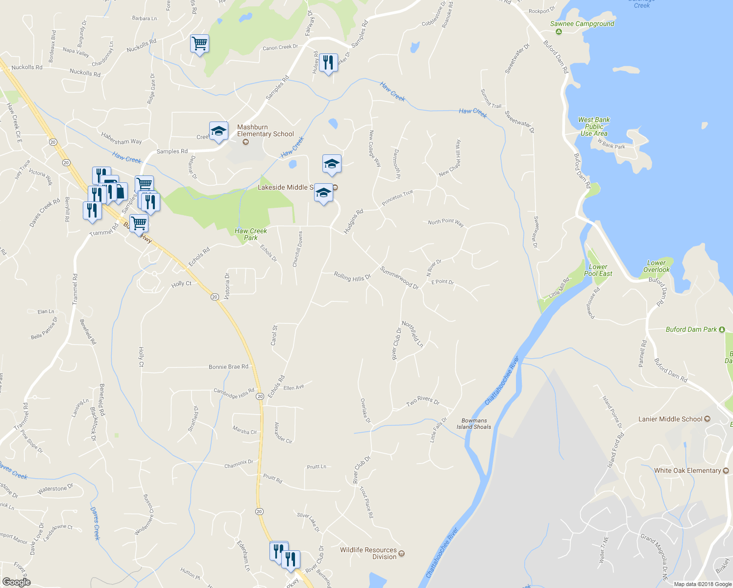 map of restaurants, bars, coffee shops, grocery stores, and more near 4125 Hillsborough Close in Cumming