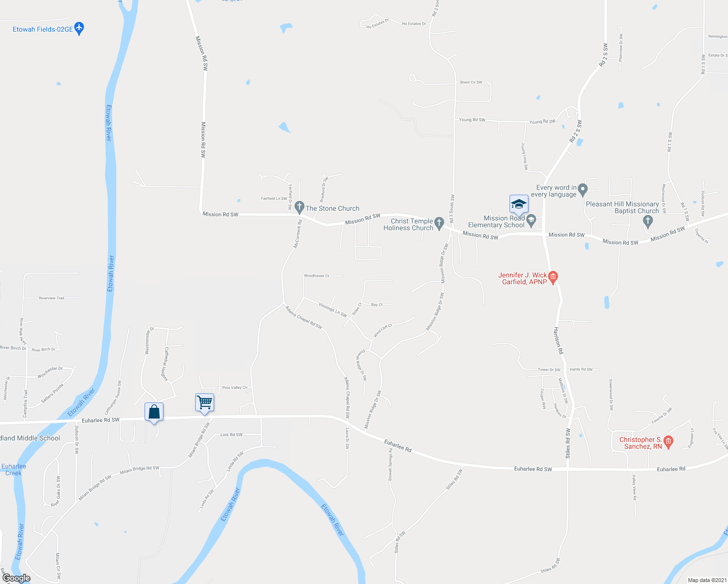 map of restaurants, bars, coffee shops, grocery stores, and more near 98 Stiles Court in Cartersville