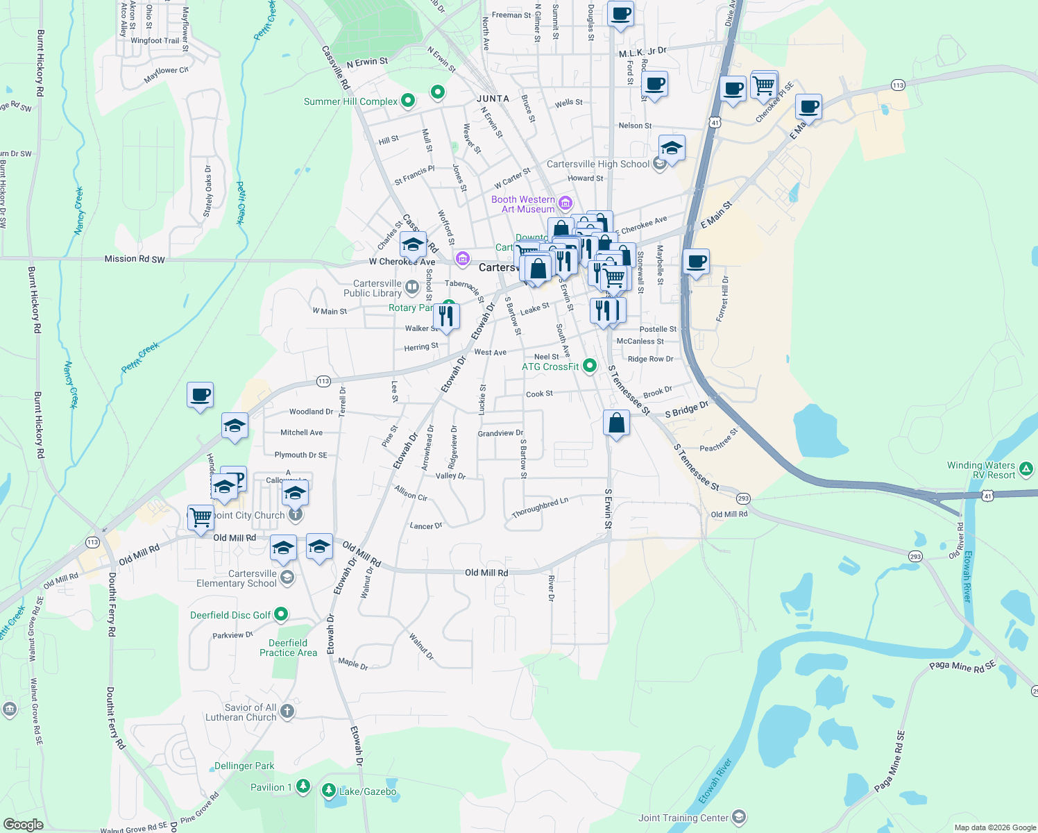 map of restaurants, bars, coffee shops, grocery stores, and more near 6 Boatner Ave in Cartersville