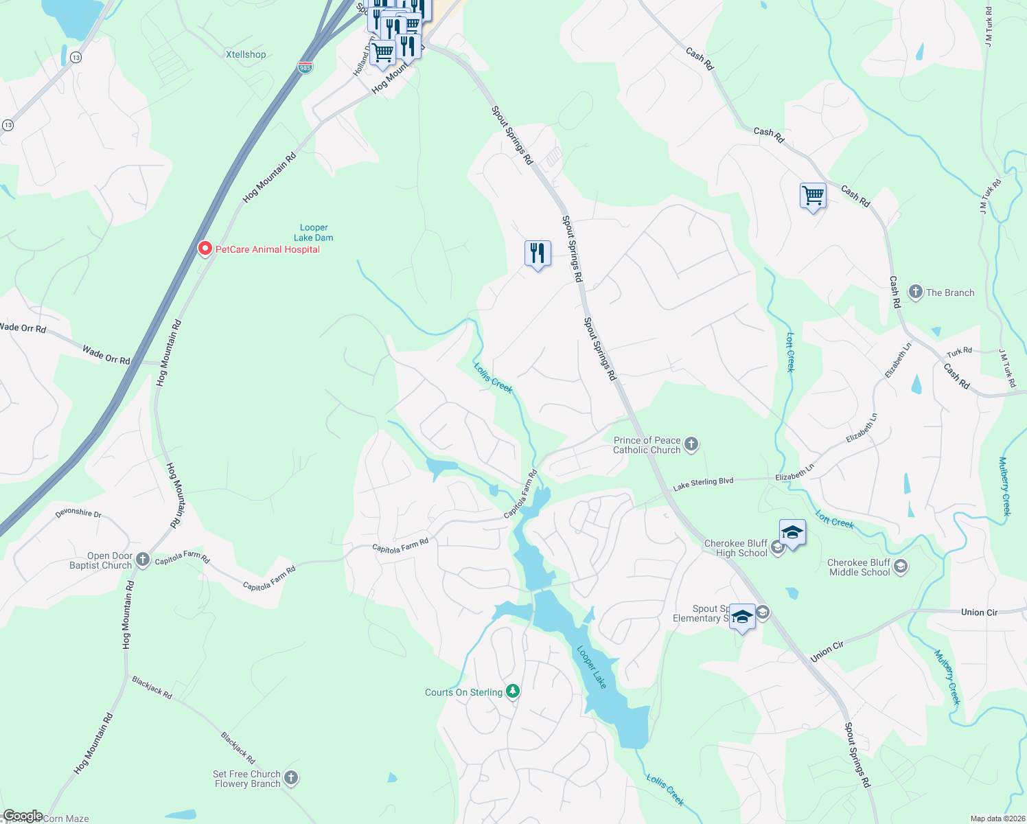 map of restaurants, bars, coffee shops, grocery stores, and more near 6748 Carriage Walk Lane in Flowery Branch