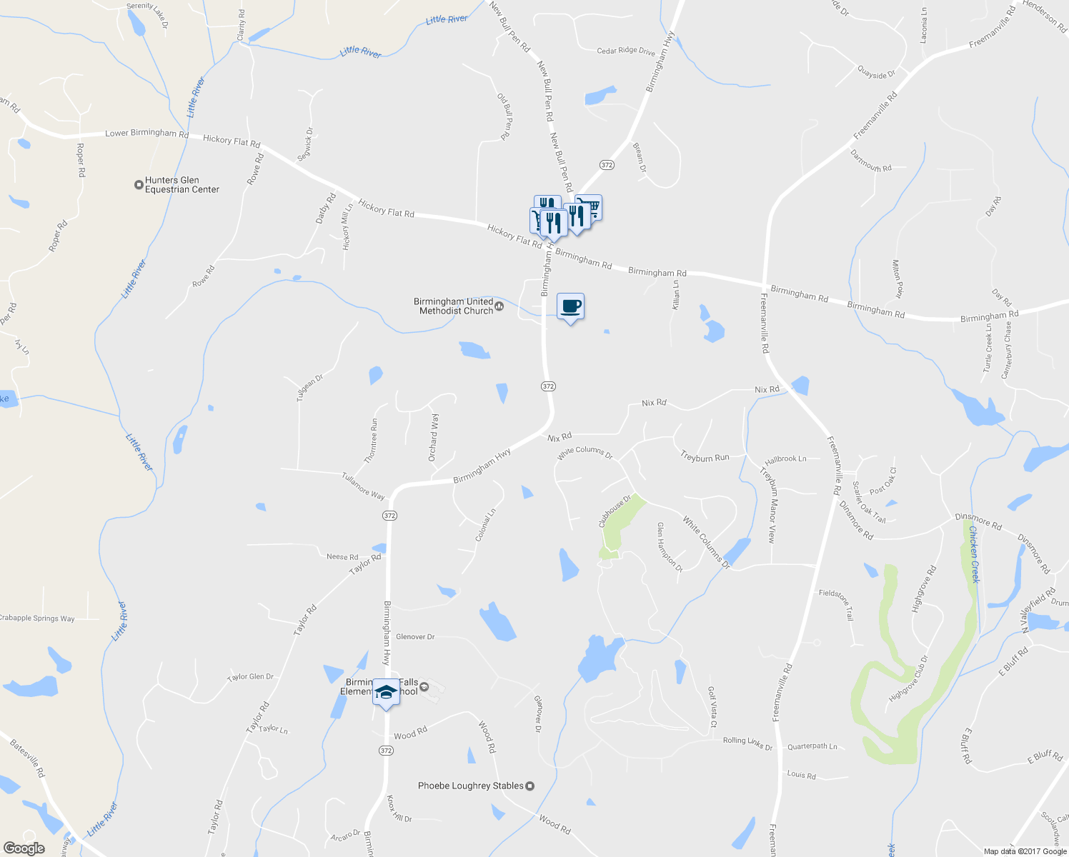 map of restaurants, bars, coffee shops, grocery stores, and more near 15450 Birmingham Highway in Alpharetta