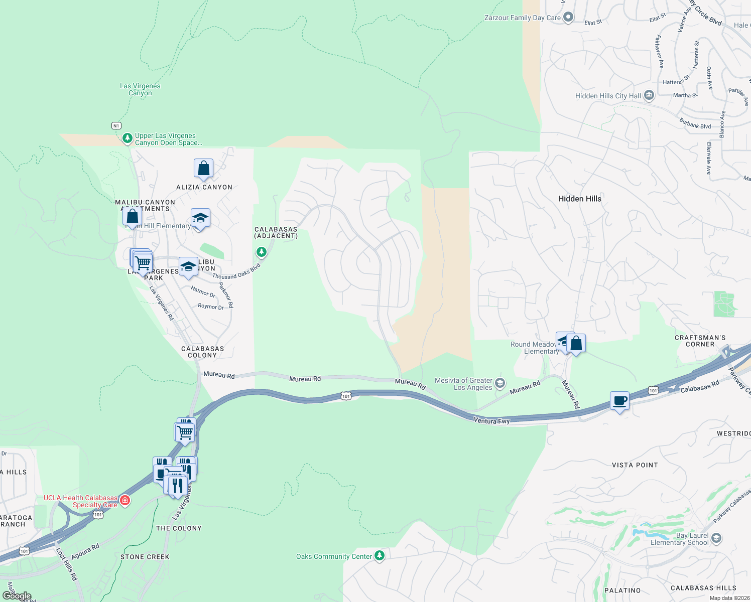 map of restaurants, bars, coffee shops, grocery stores, and more near 25605 Queenscliff Court in Calabasas