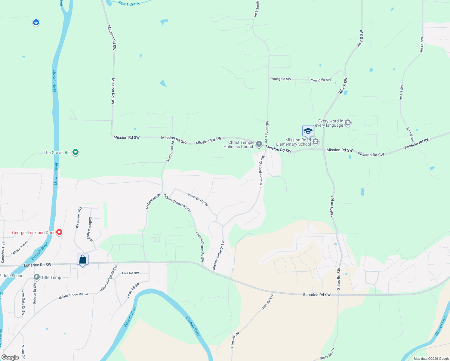 map of restaurants, bars, coffee shops, grocery stores, and more near 46 Stiles Court in Cartersville