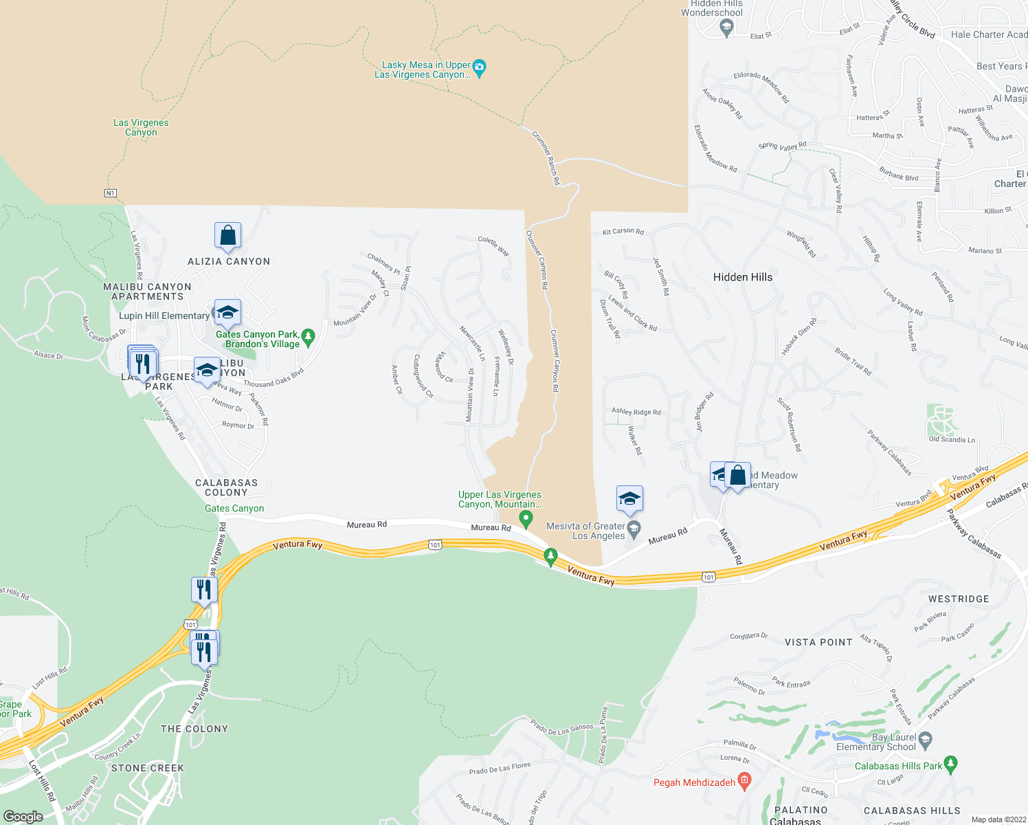 map of restaurants, bars, coffee shops, grocery stores, and more near 5416 Wellesley Drive in Calabasas