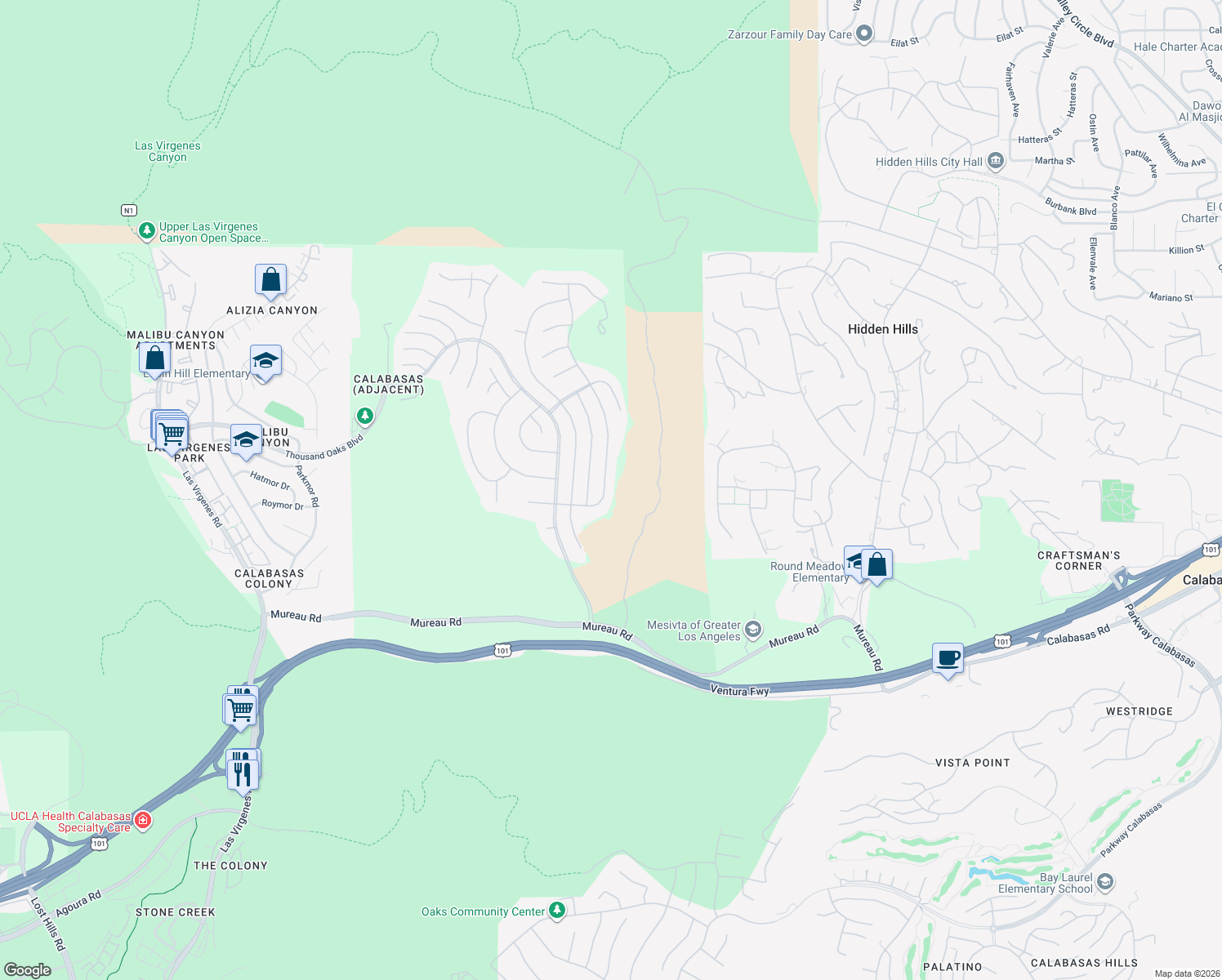 map of restaurants, bars, coffee shops, grocery stores, and more near 5416 Wellesley Drive in Calabasas