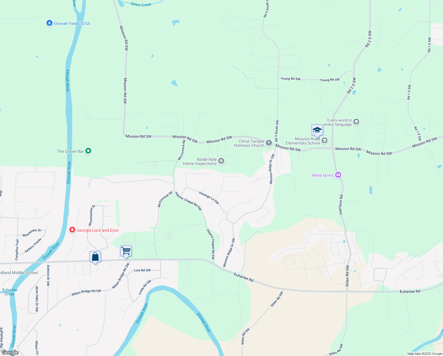 map of restaurants, bars, coffee shops, grocery stores, and more near 31 Stiles Court in Cartersville