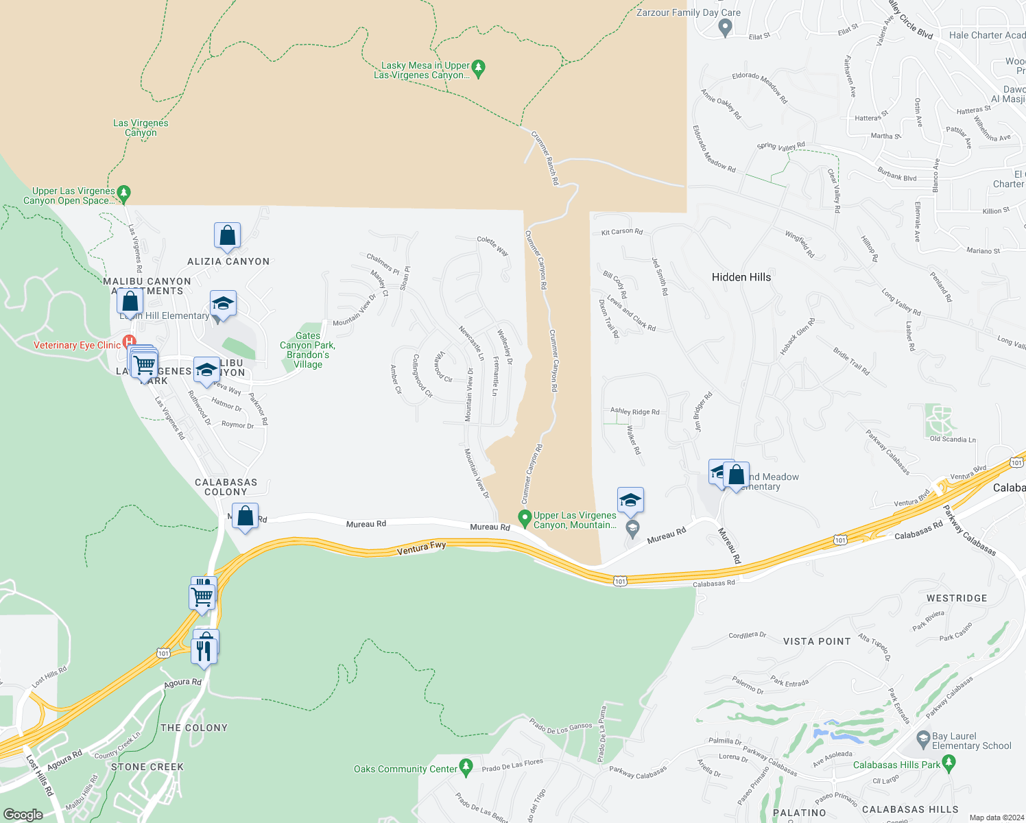 map of restaurants, bars, coffee shops, grocery stores, and more near 5416 Wellesley Drive in Calabasas