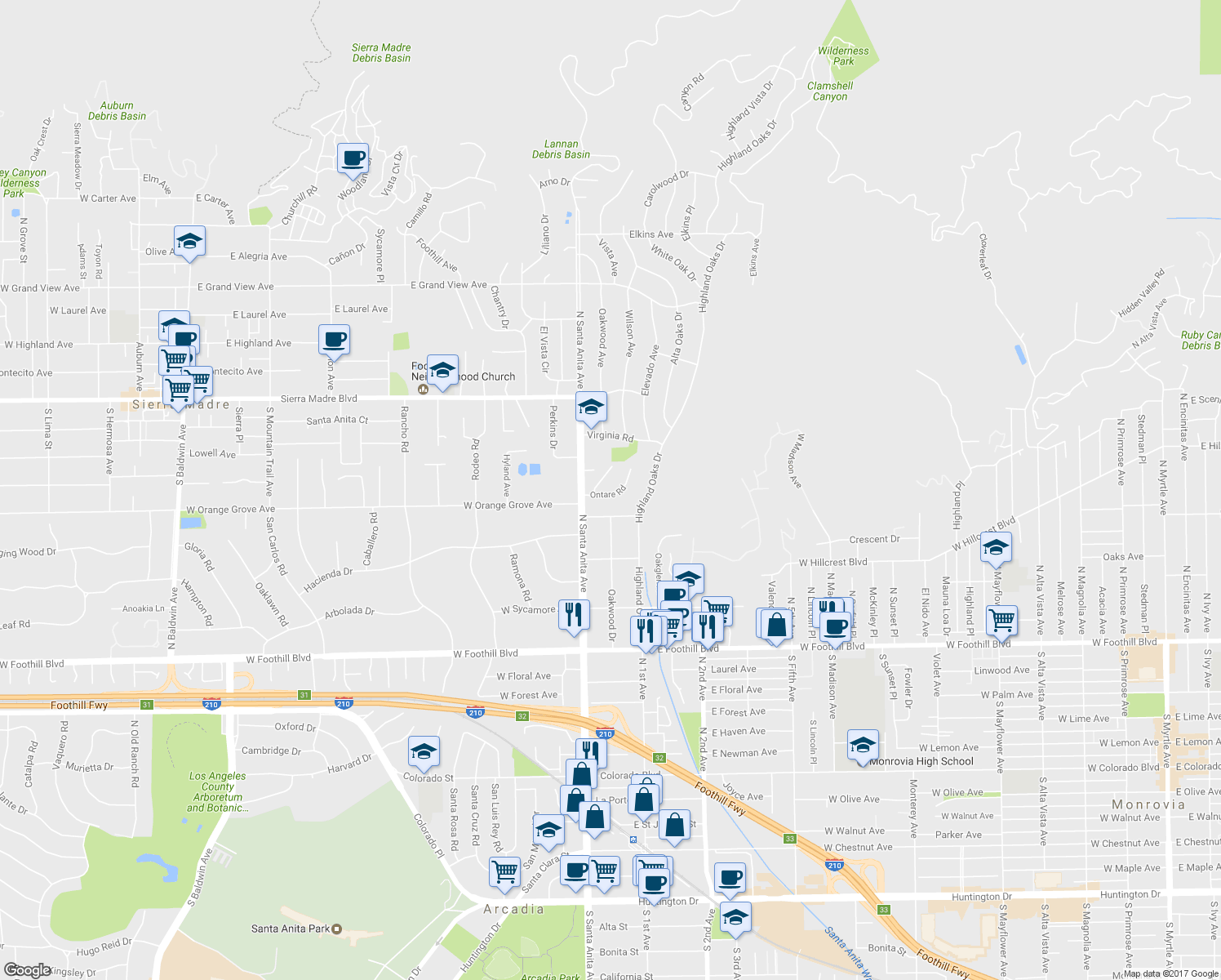 map of restaurants, bars, coffee shops, grocery stores, and more near 35 Ontare Road in Arcadia