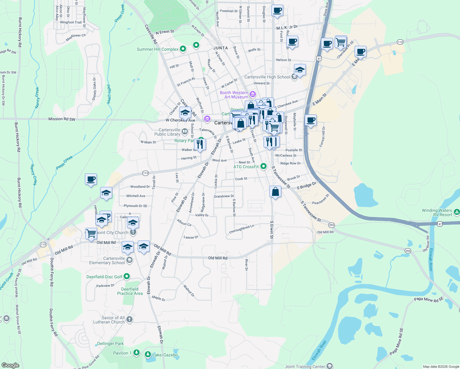 map of restaurants, bars, coffee shops, grocery stores, and more near 7 Boatner Avenue in Cartersville