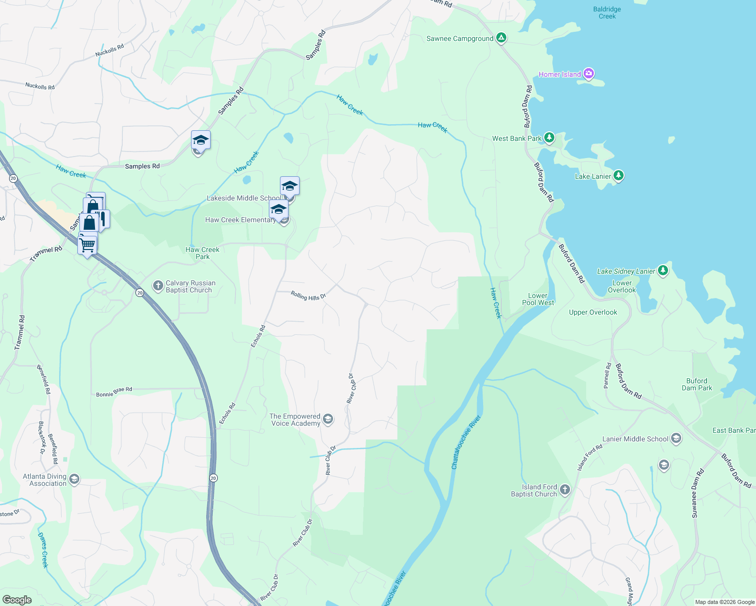 map of restaurants, bars, coffee shops, grocery stores, and more near 4315 Summerwood Dr in Cumming