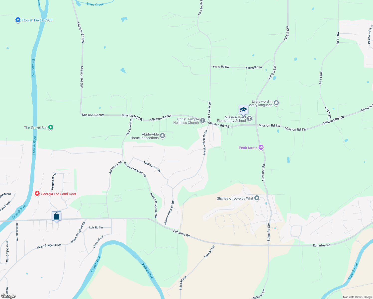 map of restaurants, bars, coffee shops, grocery stores, and more near 53 Stiles Court in Cartersville