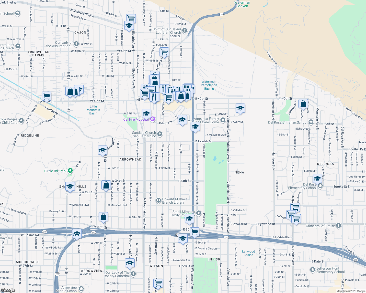 map of restaurants, bars, coffee shops, grocery stores, and more near 241 Larkspur Dr in San Bernardino