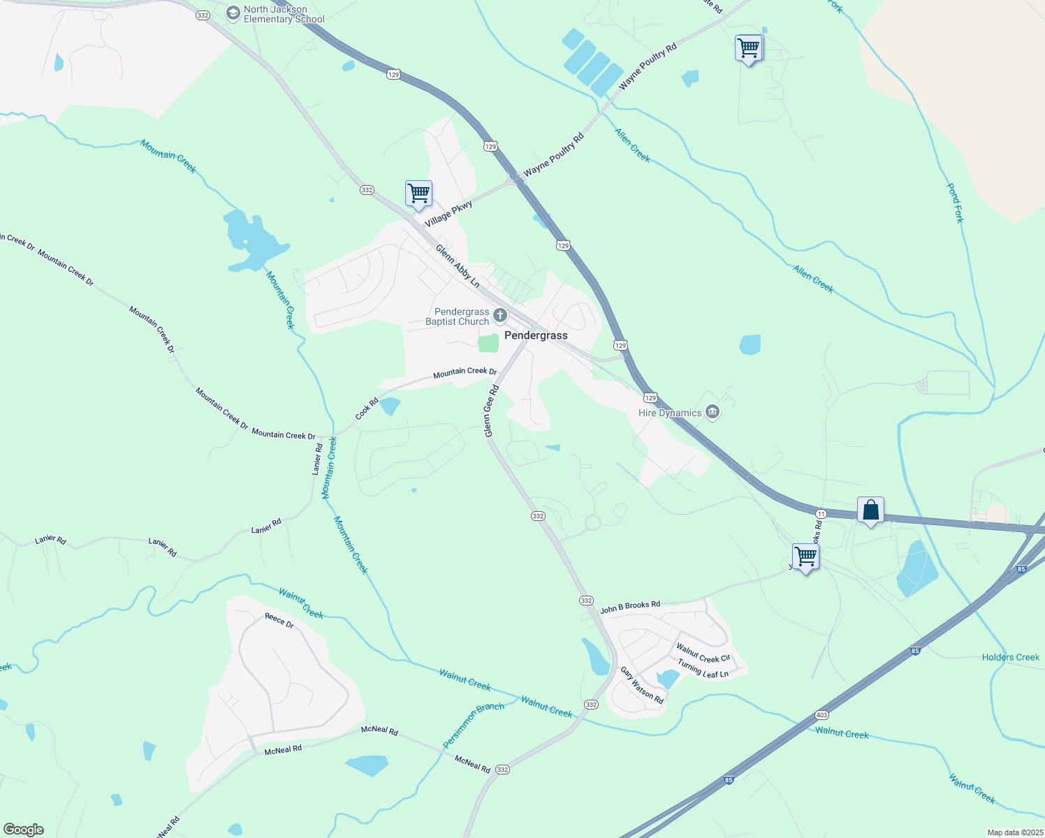 map of restaurants, bars, coffee shops, grocery stores, and more near 272 Blackberry Lane in Pendergrass
