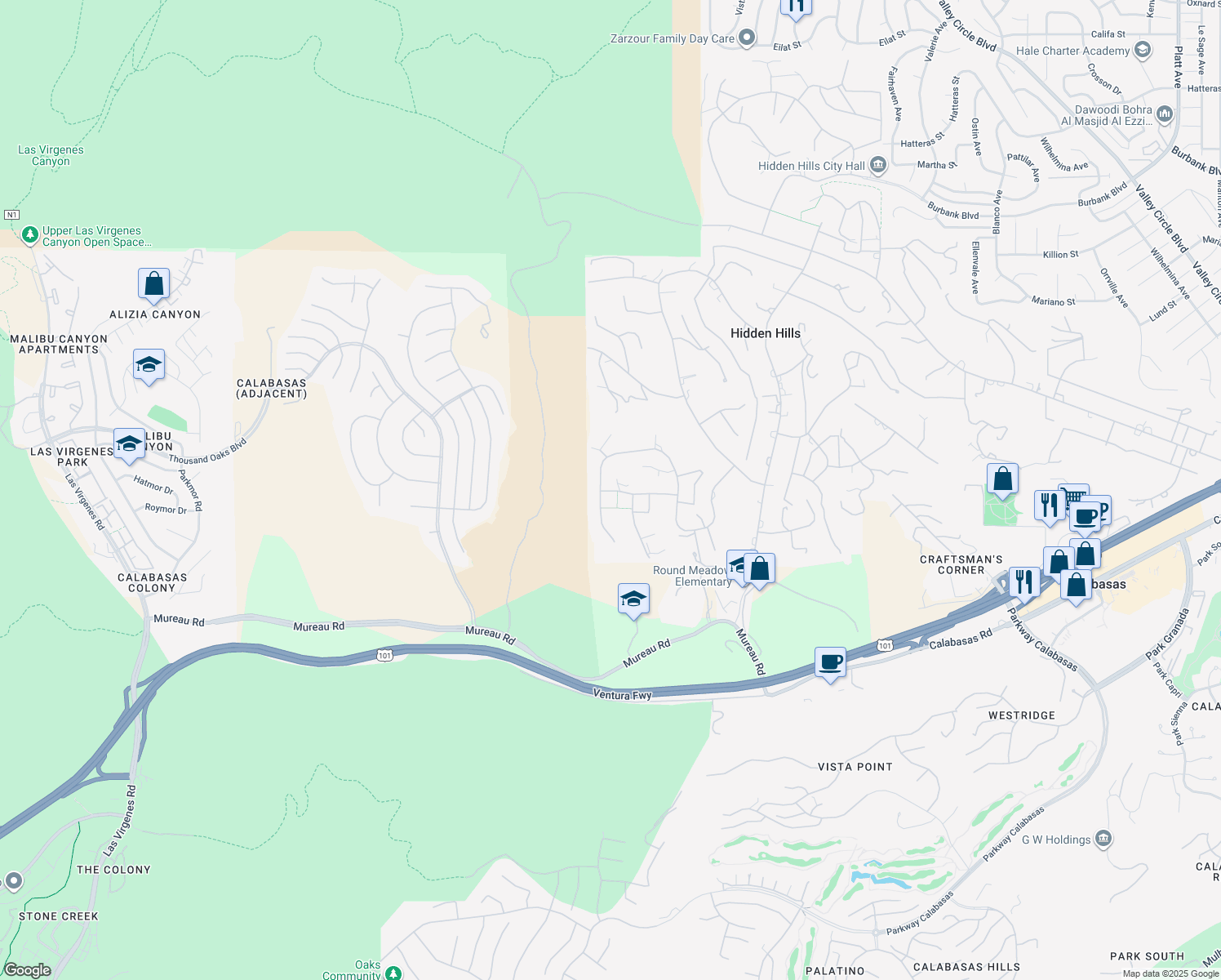 map of restaurants, bars, coffee shops, grocery stores, and more near 25163 Jim Bridger Road in Hidden Hills
