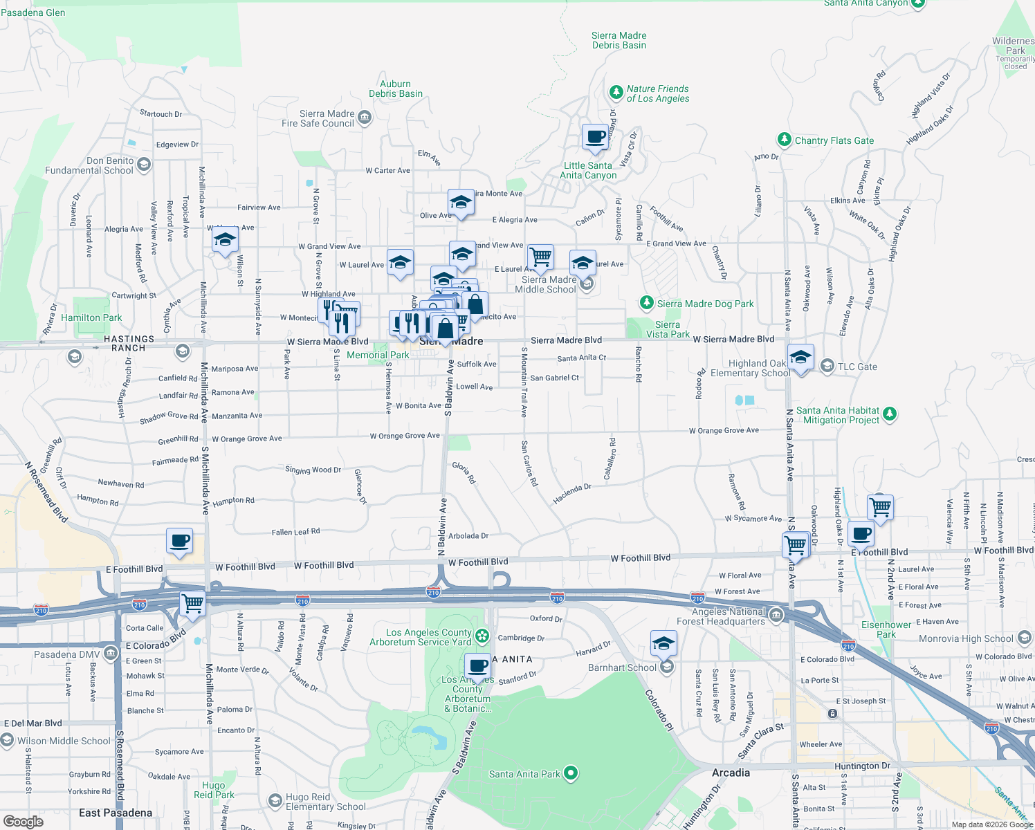 map of restaurants, bars, coffee shops, grocery stores, and more near 225 South Mountain Trail Avenue in Sierra Madre