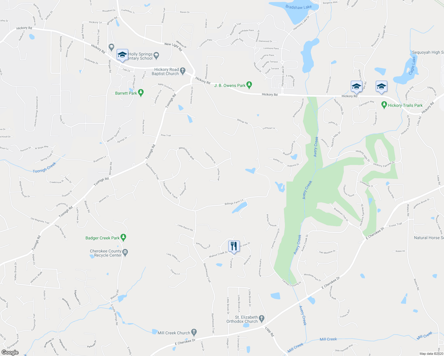 map of restaurants, bars, coffee shops, grocery stores, and more near 609 Ashley Trail in Canton