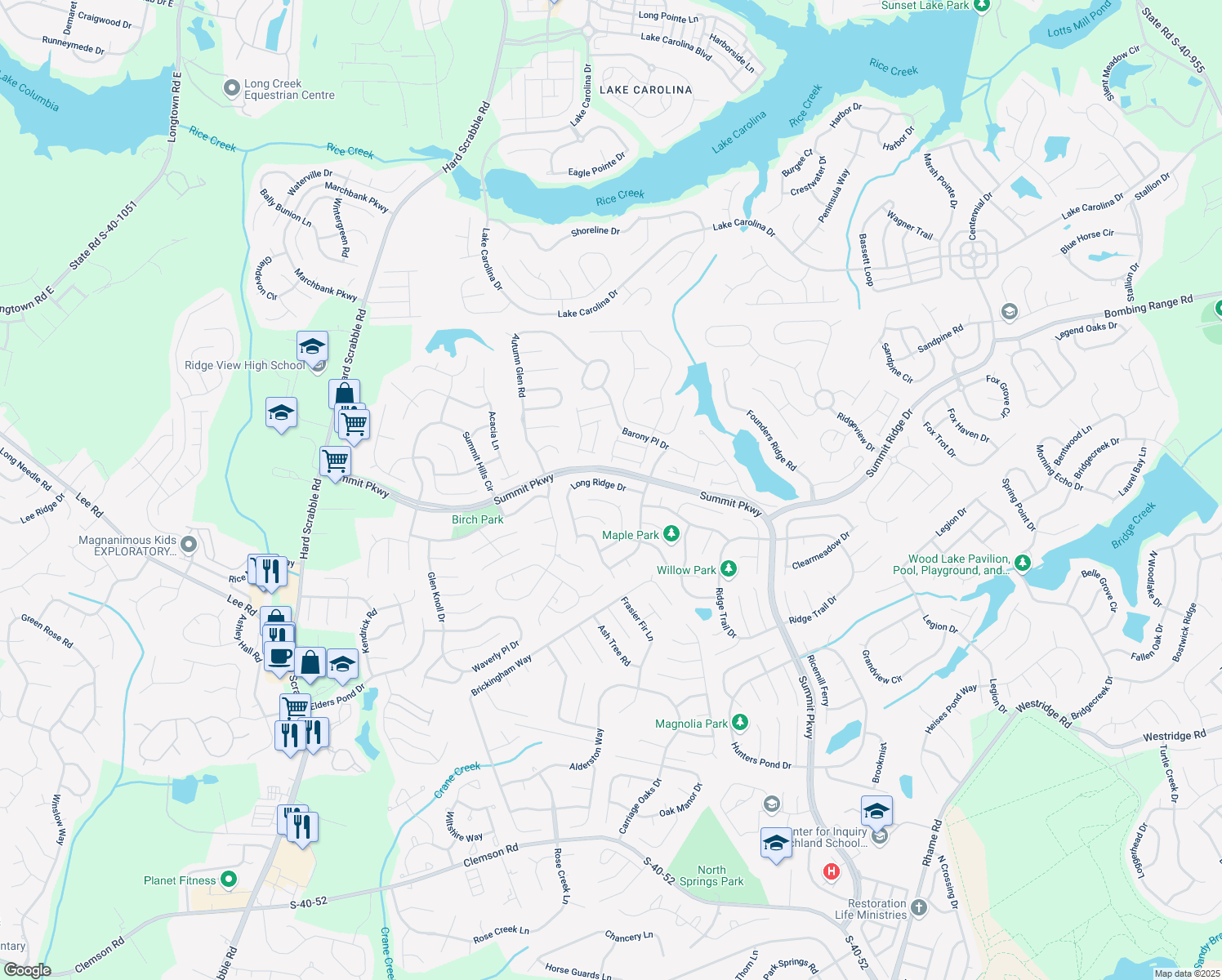 map of restaurants, bars, coffee shops, grocery stores, and more near 113 Long Ridge Drive in Columbia