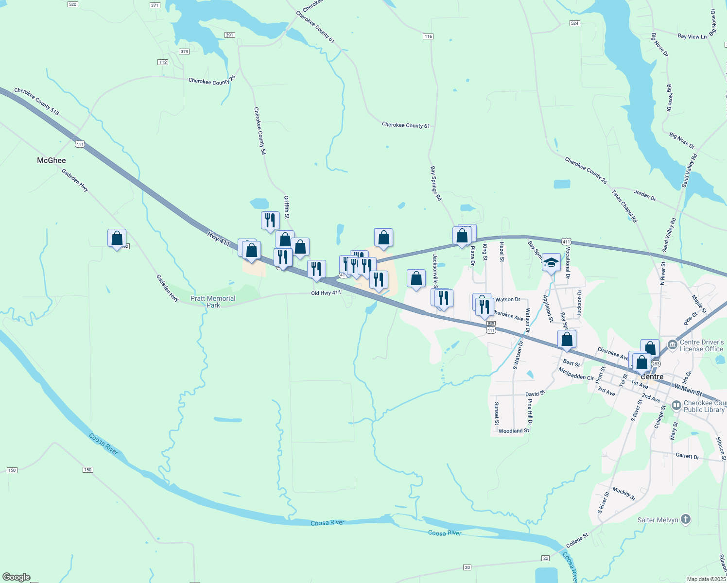map of restaurants, bars, coffee shops, grocery stores, and more near 1585 West Main Street in Centre