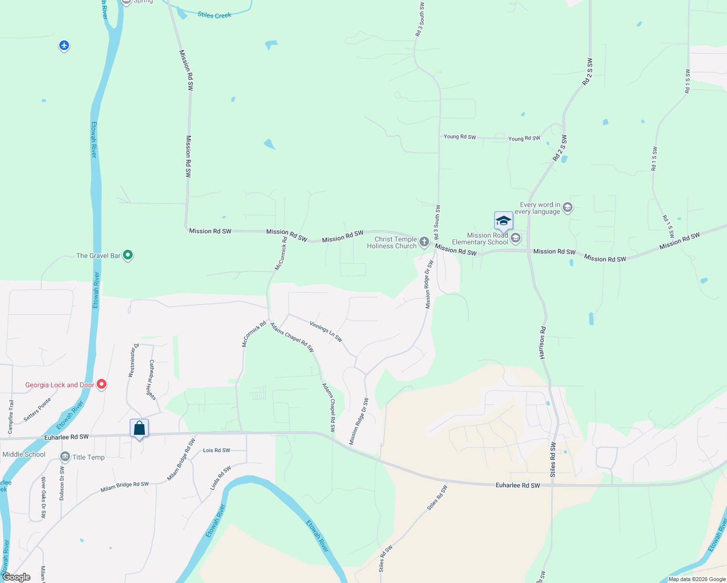 map of restaurants, bars, coffee shops, grocery stores, and more near 46 Stiles Court in Cartersville