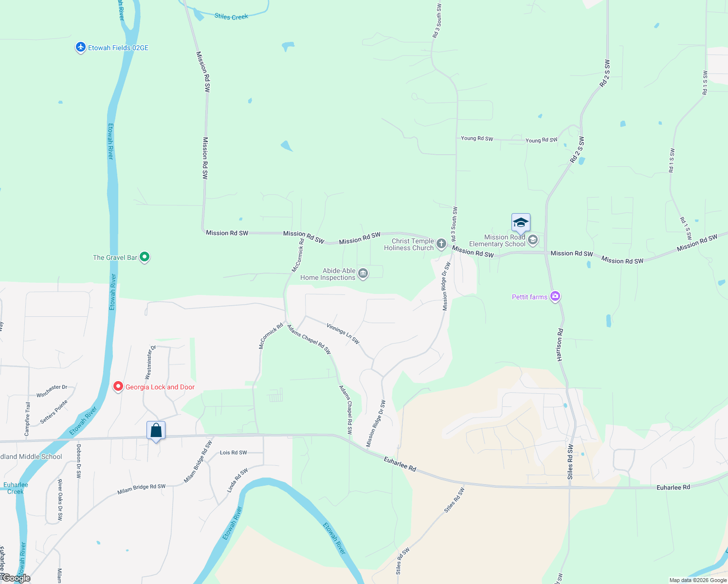 map of restaurants, bars, coffee shops, grocery stores, and more near 35 Stiles Court Southwest in Cartersville