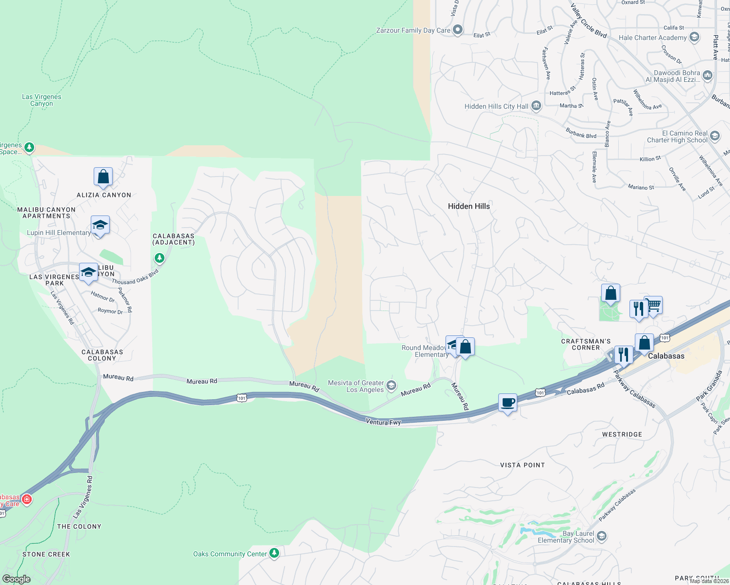 map of restaurants, bars, coffee shops, grocery stores, and more near 25163 Jim Bridger Road in Hidden Hills