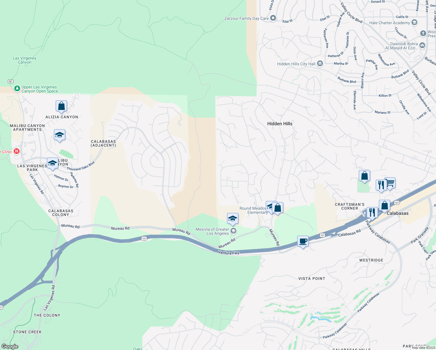 map of restaurants, bars, coffee shops, grocery stores, and more near 25151 Jim Bridger Road in Hidden Hills