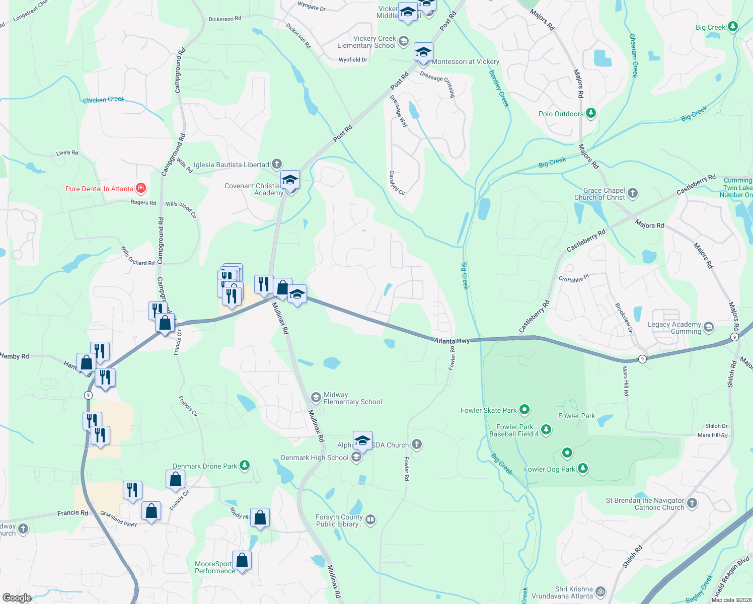 map of restaurants, bars, coffee shops, grocery stores, and more near 4855 Mistybrooke Court in Alpharetta