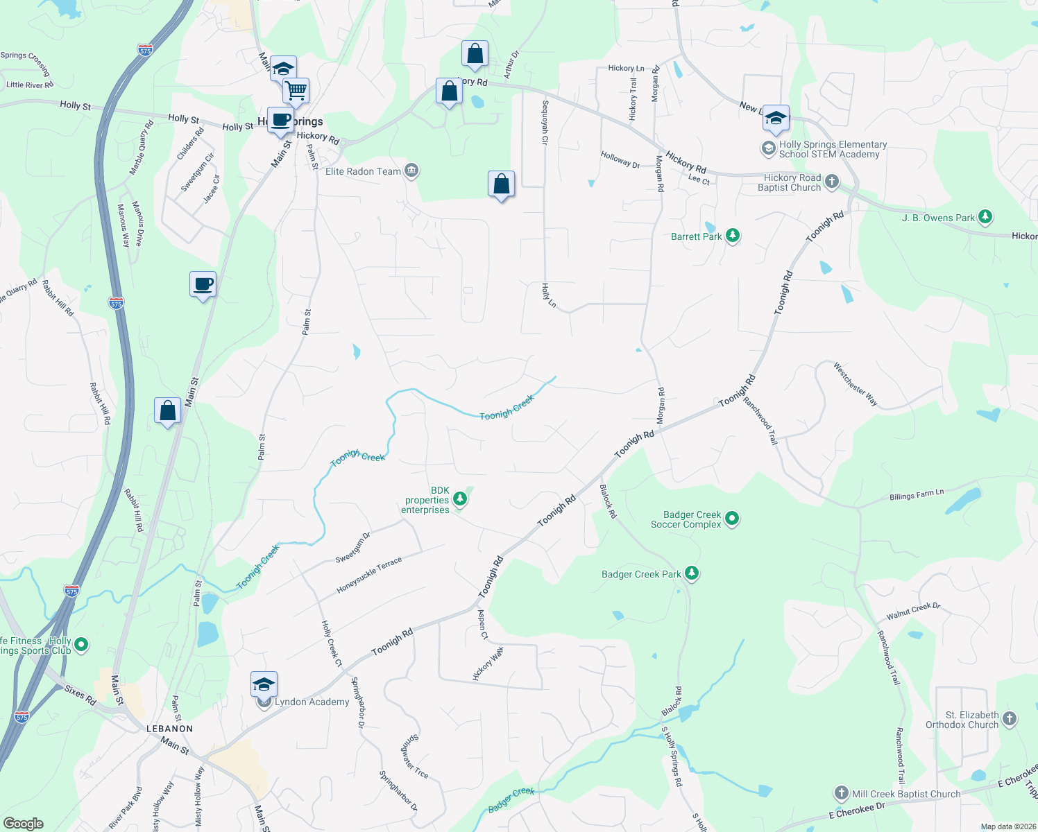 map of restaurants, bars, coffee shops, grocery stores, and more near 3997 Creekmore Street in Canton