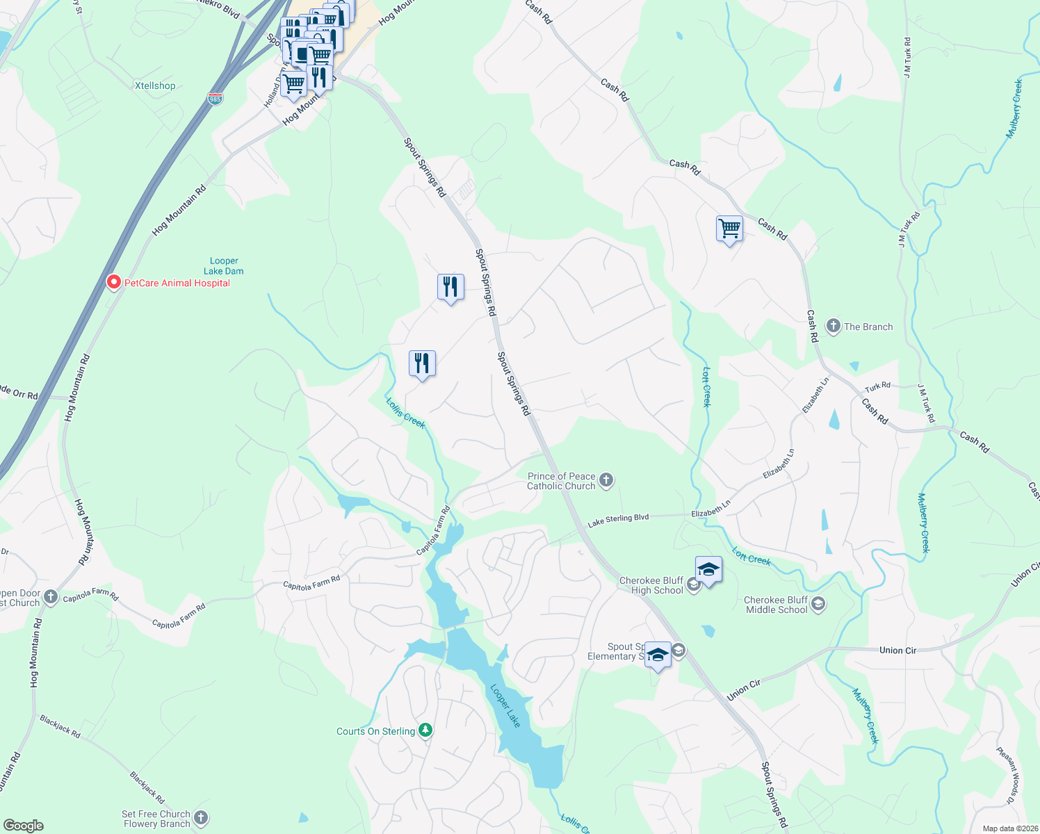 map of restaurants, bars, coffee shops, grocery stores, and more near 6318 Spout Springs Rd in Flowery Branch